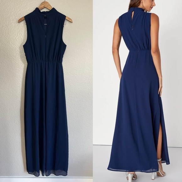 Classic Elegance Navy Chiffon Sleeveless Mock Neck Maxi Dress - Picture 3 of 8
